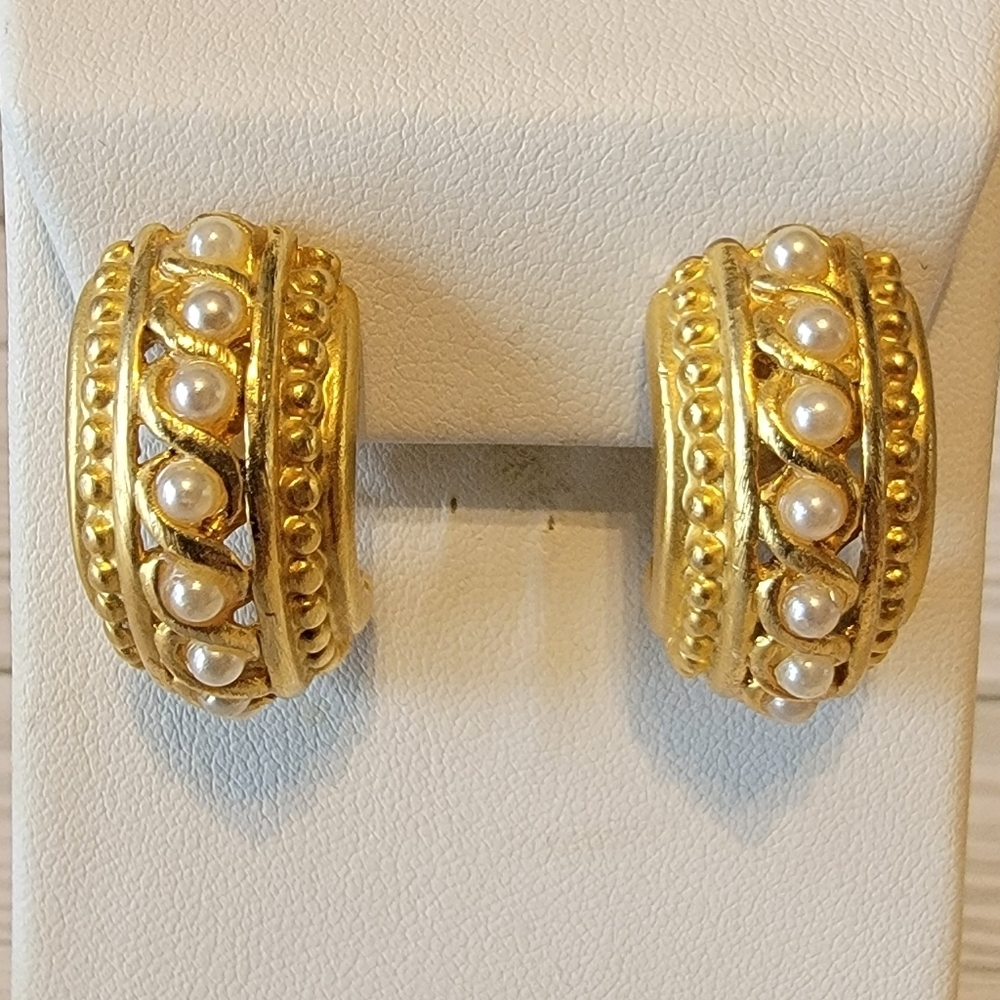 Vintage Faux Pearl Gold Tone Chunky Half Hoop Statement Earrings